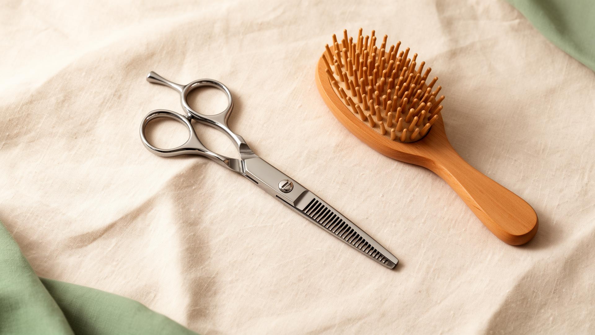 Tijera profesional y cepillo de madera sobre lino crema — herramientas del oficio