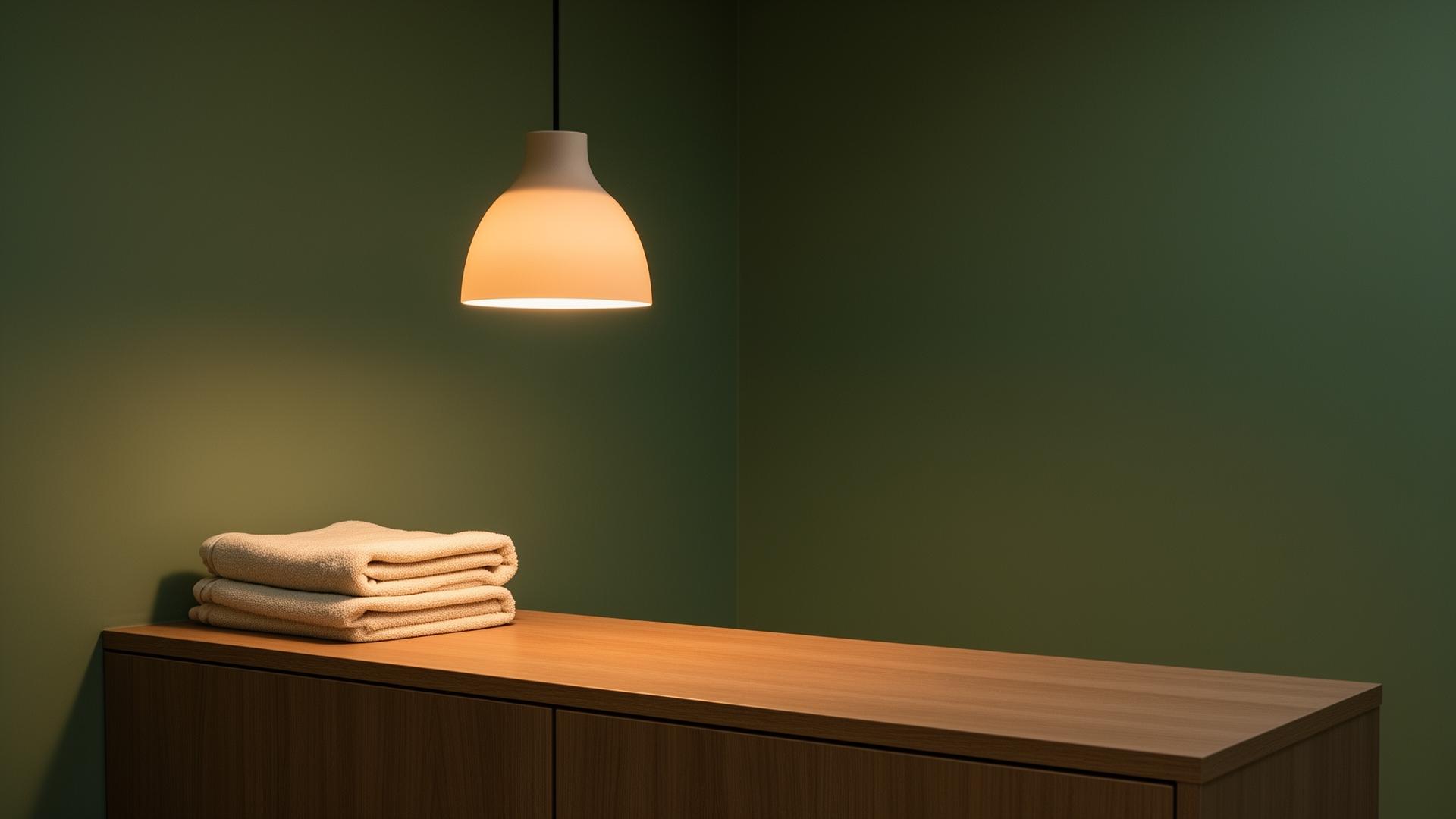 Spa de mascotas en silencio después de cerrar, iluminado por una sola lámpara cálida